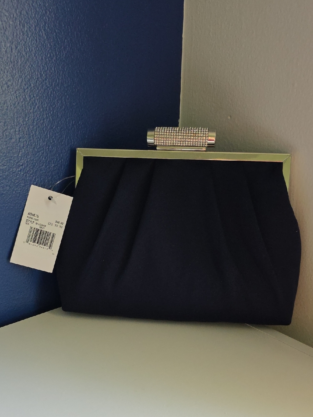 Nina Dark Blue Satin Evening Clutch with Rhinestone Bar Frame